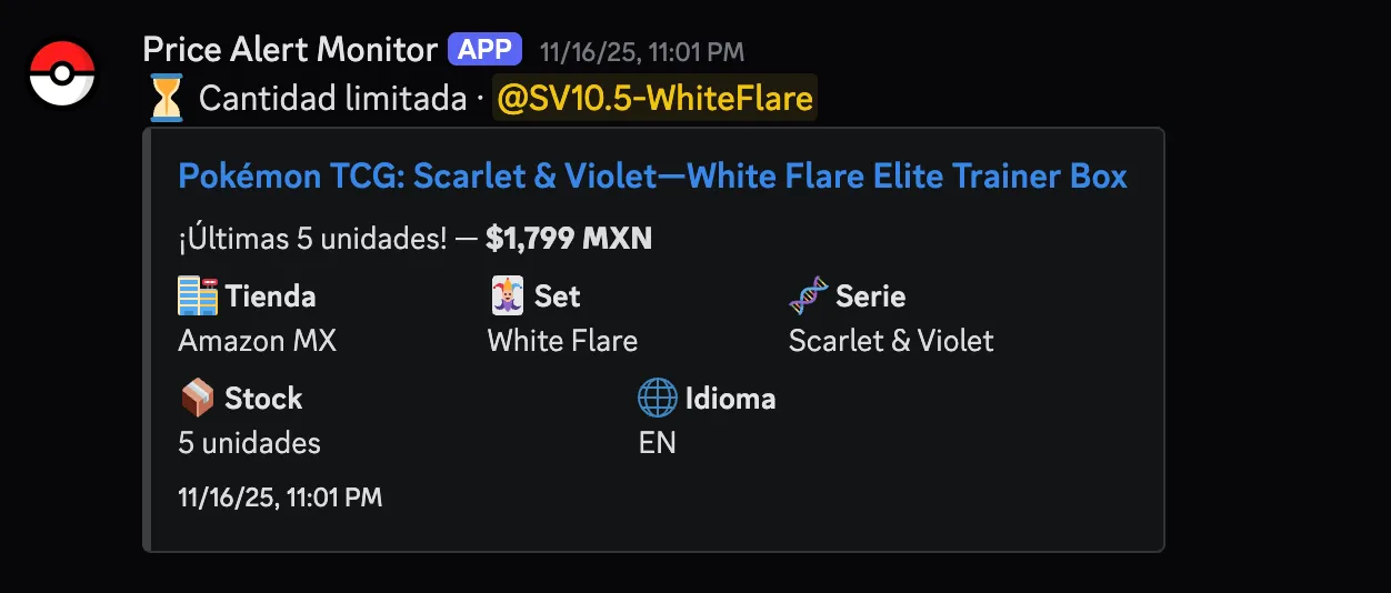 Alerta de cantidad limitada mostrando un White Flare Elite Trainer Box con 5 unidades