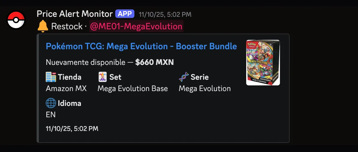 Alerta de restock mostrando un Mega Evolution Booster Bundle